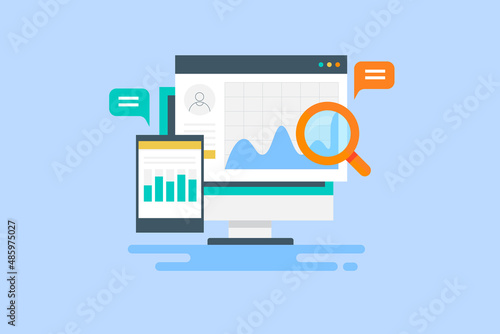 Competition analysis in marketing, business analytics software solution shows analytical data on virtual screen. Market research information, statistics concept.  Flat design web banner template.