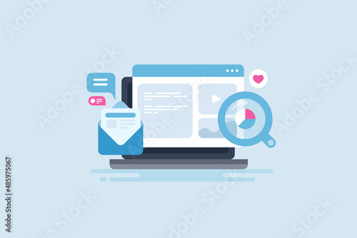 Content marketing, open email with content newsletter, social media and digital marketing vector illustration concept. Flat design web banner template.
