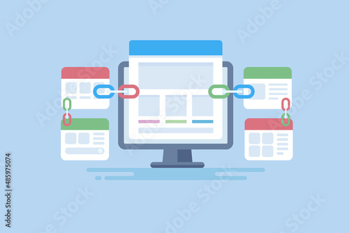 Tier link building concept SEO optimization, search engine ranking development, getting links from multiple website sources, digital marketing strategy. Flat design web banner template.