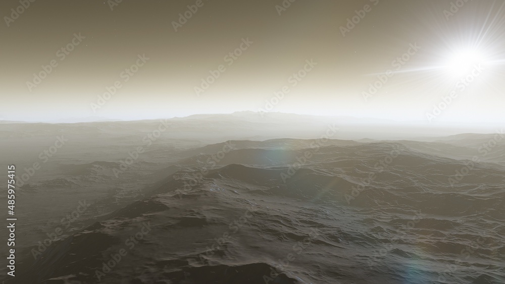 Fototapeta premium science fiction illustration, alien planet landscape with strange rock formations, fictional space scene, rocky hills and mountains