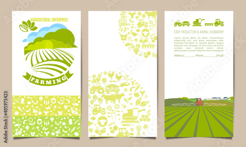 Collection of templates for agricultural brochures with tractor  sprayer  fields  agricultural icons. Template of flyers for the agricultural industry