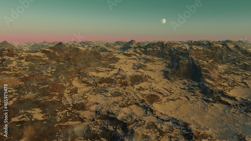 science fiction illustration, alien planet landscape with strange rock formations, fictional space scene, rocky hills and mountains 