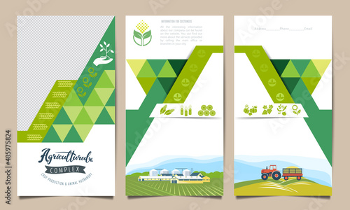 A set of agricultural leaflets, flyers, brochures with a tractor in the field, a farm. Template of flyers for the agricultural industry photo