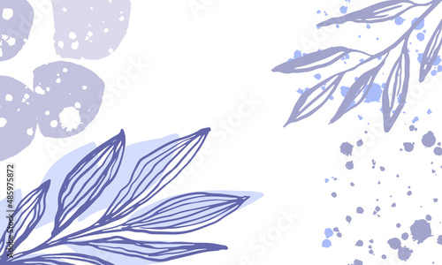 Abstract purple background in a trendy very peri palette. Minimalist leaves and plants banner with space for text