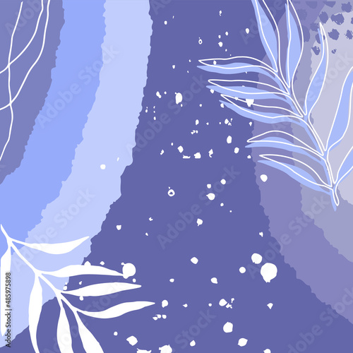 Abstract purple background in a trendy very peri palette. Minimalist leaves and plants banner
