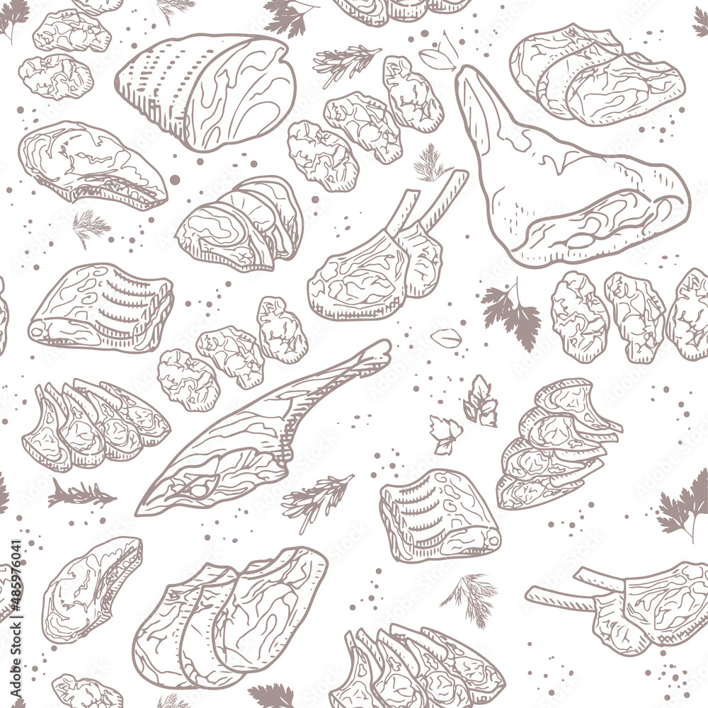 A set of raw meat. Beef, pork, lamb. Seamless pattern of raw meat in vintage engraving style. Packaging, design of a butcher shop or store. A set of raw meat. Beef, pork, lamb. Seamless pattern of raw meat in vintage engraving style. Packaging, design of a butcher shop or store.