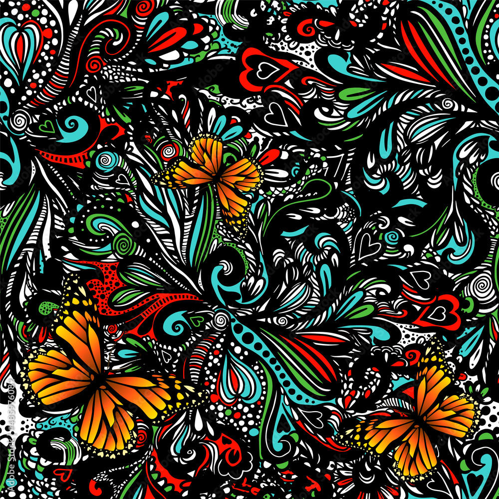 Naklejka premium Seamless background from multicolored flowers and butterflies. Vector illustration