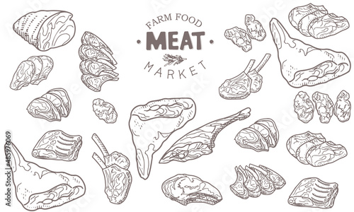 A set of raw meat. Beef, pork, lamb. Vector illustration in the style of a sketch. A booklet, banner, or flyer of a butcher shop or store.