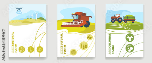 A set of agricultural leaflets, flyers, brochures with a combine harvester harvesting wheat, a tractor in the field, an ecological farm.