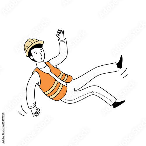 Injured worker fall accident. Line drawn doodle style character. Man with builder uniform and helmet. Industry work risk and health safety concept. Vector illustration.