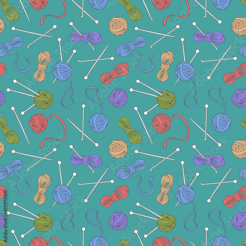 Yarn. Wool for knitting. Needles and hooks. Seamless vector pattern (background). Cartoon print. 