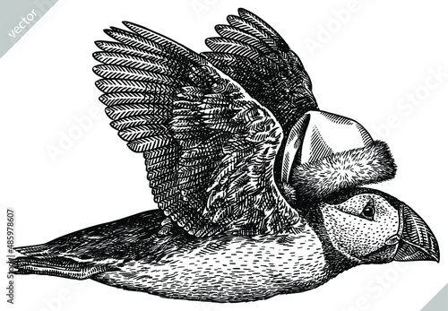 black and white engrave isolated puffin vector illustration