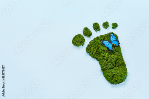 Creative eco, environmental care, earth day concept. Barefoot footprint made of natural green moss and butterfly on blue background photo