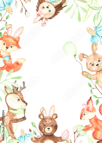 Watercolor easter rectangular with easter animals, easter eggs, delicate greenery, leaves, twigs, foliage