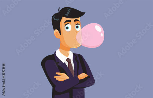 Carefree Friendly Corporate CEO Chewing Bubble Gum Vector Cartoon