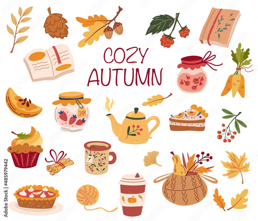 Cozy Autumn items. Herbal tea, pumpkin pie, Berry jam, cakes, cinnamon, book, knitted. Idea of coziness and comfortable lifestyle, winter and autumn mood. Hygge hand drawn vector illustration.
