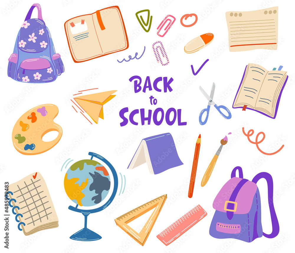 School supplies. Back to school. Big set of hand draw school items. Books, pencils, pens, notebooks, erasers, paper, clips, globe, backpack. Study. Vector illustration