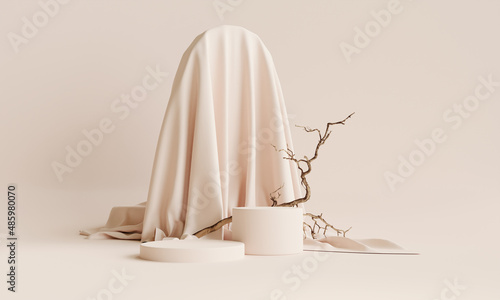 Podium with fabric on background for product presentation. Natural beauty pedestal, relaxation and health, 3d illustration.