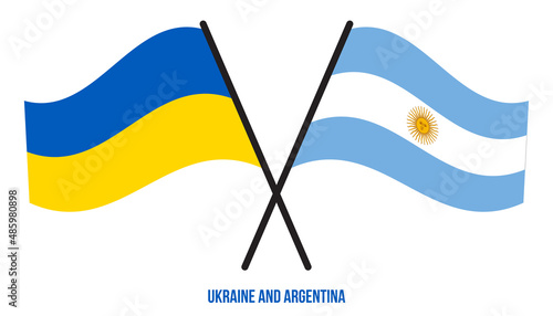 Ukraine and Argentina Flags Crossed And Waving Flat Style. Official Proportion. Correct Colors.