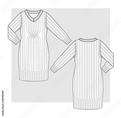 Knitted dress with v-neck and braid technical scketch.