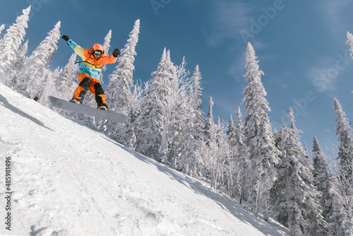 Male snowboarder wearing coloured clothing jumping in snow covered spruce trees on sunny day