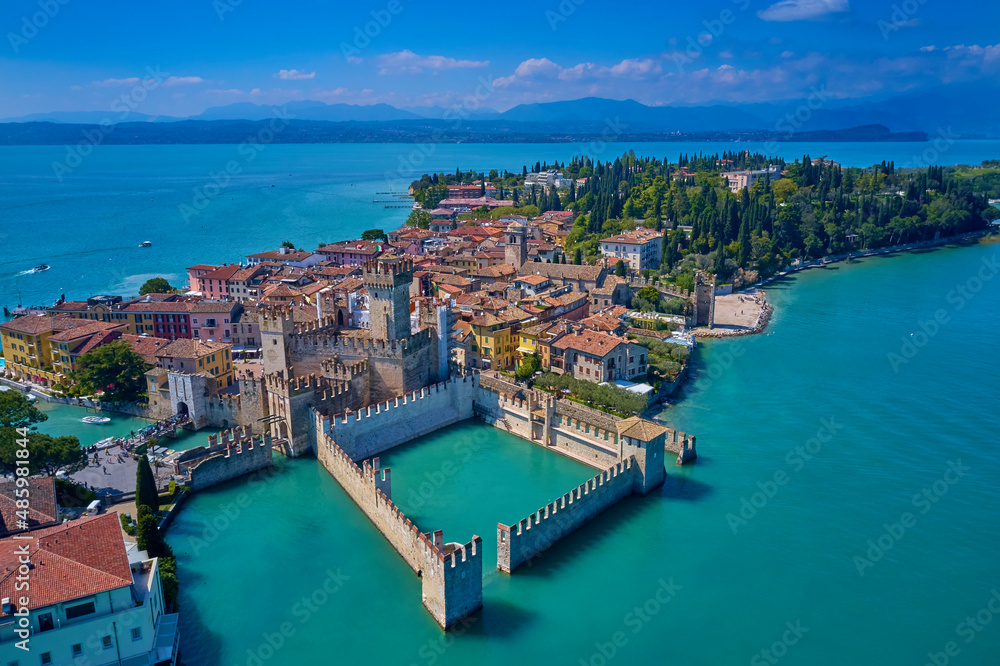 Sirmione aerial view. Top view, historic center of the Sirmione peninsula, lake garda. Aerial panorama of Sirmione. Lake Garda, Sirmione, Italy. Italian castle on Lake Garda.