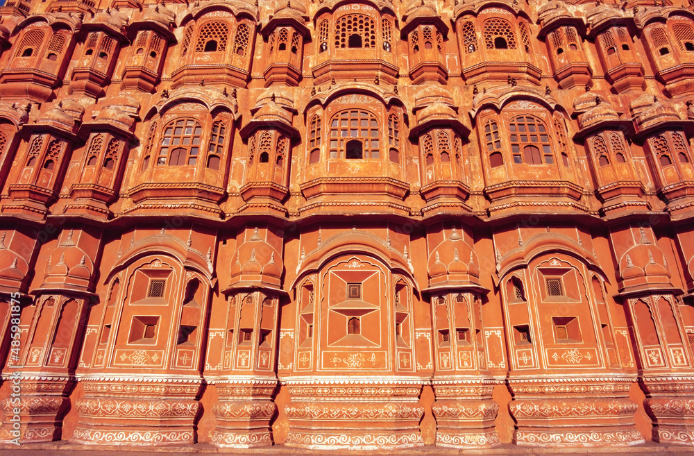 Detail of the facade of the Hawa Mahal, or Palace of the Winds, Jaipur, Rajasthan, India