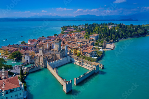 Sirmione aerial view. Top view, historic center of the Sirmione peninsula, lake garda. Aerial panorama of Sirmione. Lake Garda, Sirmione, Italy. Italian castle on Lake Garda.