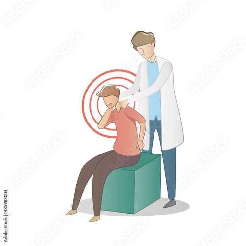 Back pain and neck concept,doctor examining and giving advice on backpain problems to male patient suffer from Sit in office long time inappropriate position,Professional care,vector illustration.