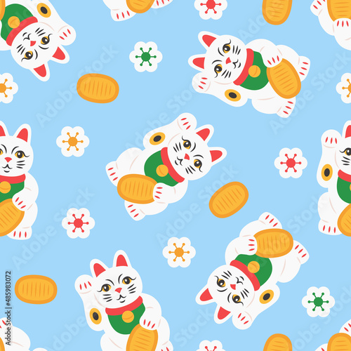 Maneki neko cat with coin seamless pattern. Japanese symbol wishing good luck with raised paw. Cartoon vector background of wealth, happiness, fortune.