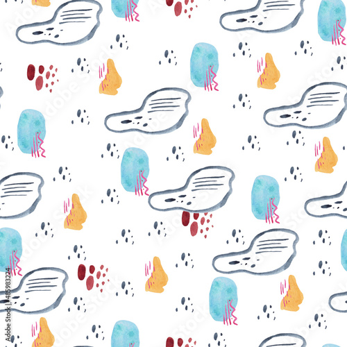 Seamless pattern with spots. Colors: blue, indigo, orange, red. Watercolor illustration.