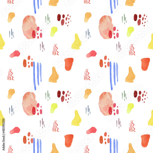 Seamless pattern with spots. Colors: blue, red, brown, orange. Watercolor illustration.