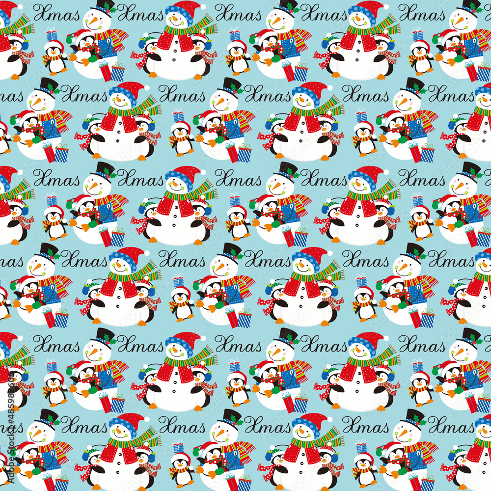 Fototapeta premium christmas seamless pattern with snowman and penguins