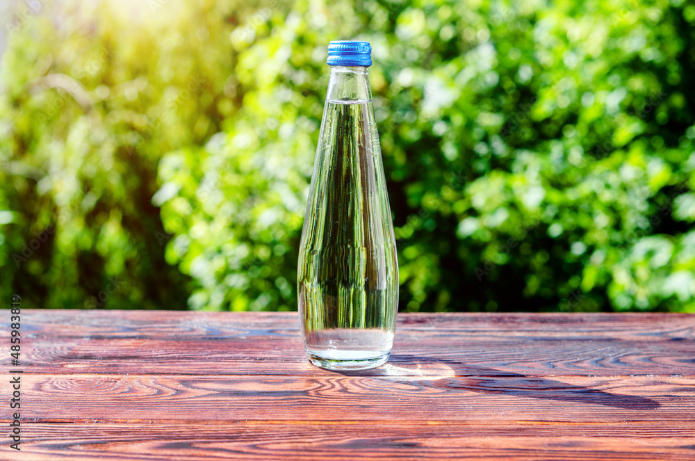 A bottle of drinking water stands on a green natural background