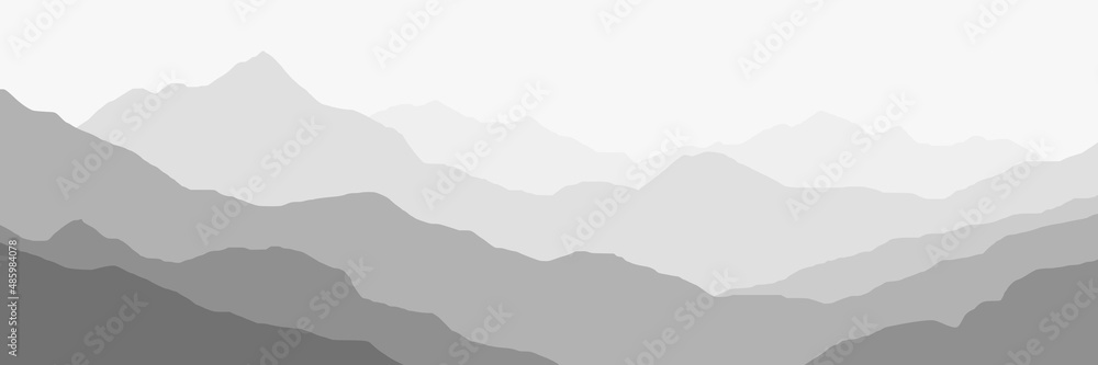 Mountain ranges in the morning haze, black and white landscape, banner	