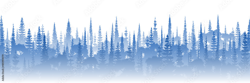 Mixed forest in the morning haze, vector banner