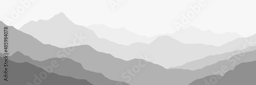 Mountain ranges in the morning haze, black and white landscape, banner 