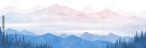 Vector illustration of mountains, valley in fog, morning light, panoramic view	