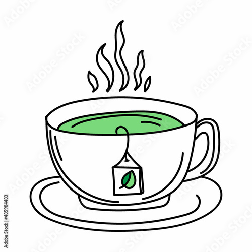 A hand-drawn cup of green tea in doodle style. A hot beverage. Time to get up. Breakfast. Morning. A simple doodle vector.