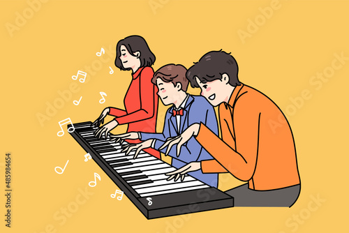 Happy family with son have fun playing one piano together. Smiling parents and kid enjoy weekend involved in music improvisation. Musician hobby and entertainment. Vector illustration. 