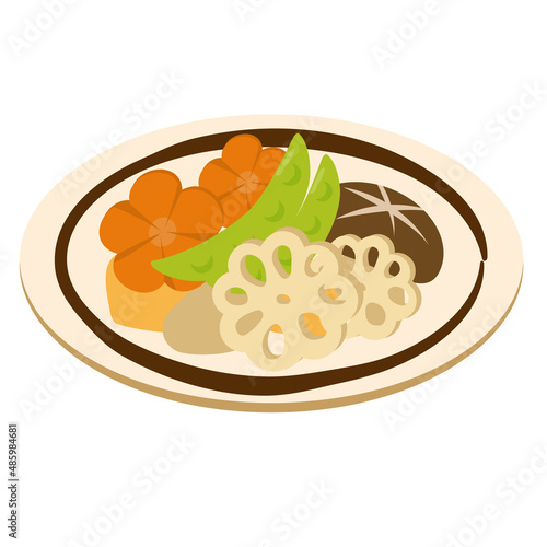 皿に乗った伝統的な日本食(和食)の煮物　ベクターイラスト