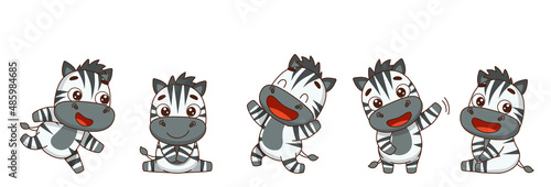 Set of zebras in different poses. Runs, sits, dances, waves, smiles, laughs. Vector illustration for designs, prints and patterns. Isolated on white background