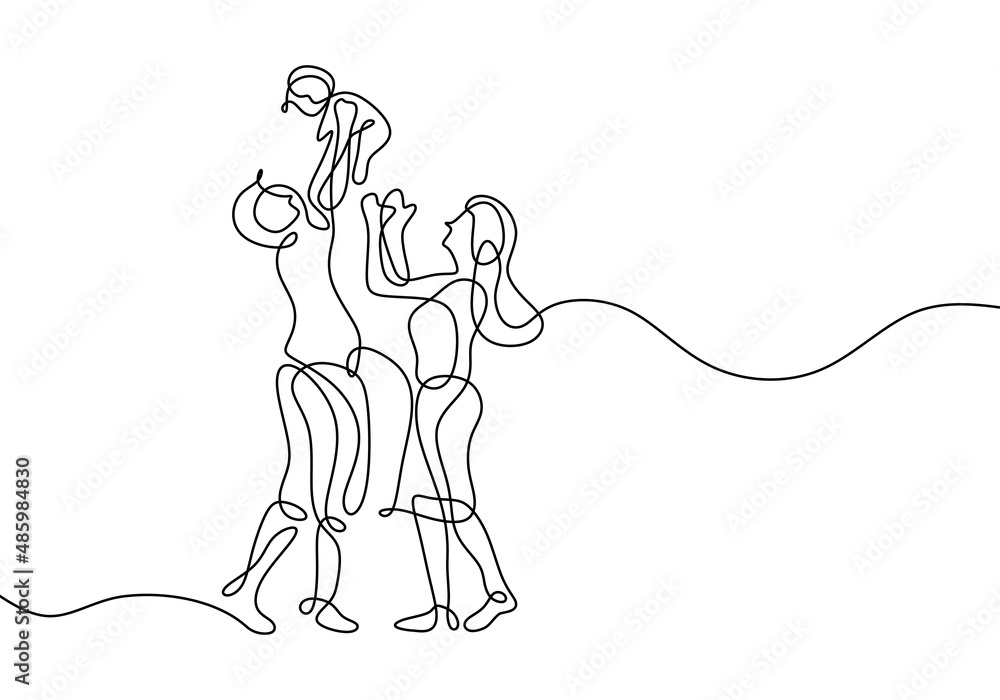 One continuous single drawing line art flat doodle happy family relationship. Vector illustration. Isolated image hand draw contour on a white background. One continuous single drawing line art flat doodle happy family relationship. Vector illustration. Isolated image hand draw contour on a white background.