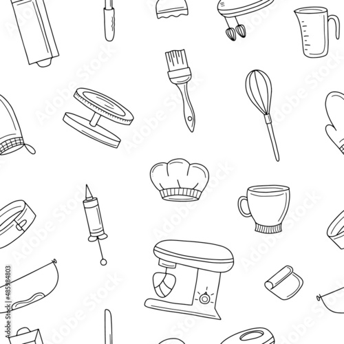 Seamless pattern with baking accessories. Doodle style vector illustration isolated on white background