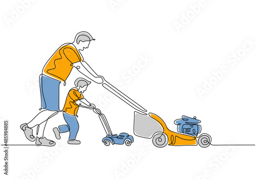 One continuous single drawing line art a dad and his son do gardening together. Vector illustration. Isolated one line hand draw on a white background.