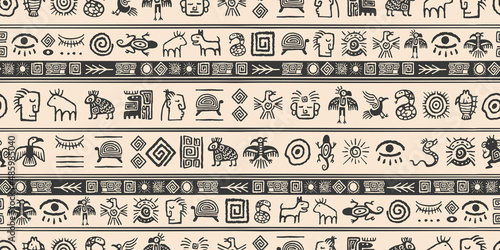 Set of seamless symbol patterns hand drawn aztec tribal style. Good for textiles, headbands, paper and wallpaper. Vector illustration. Abstract geometric art print.