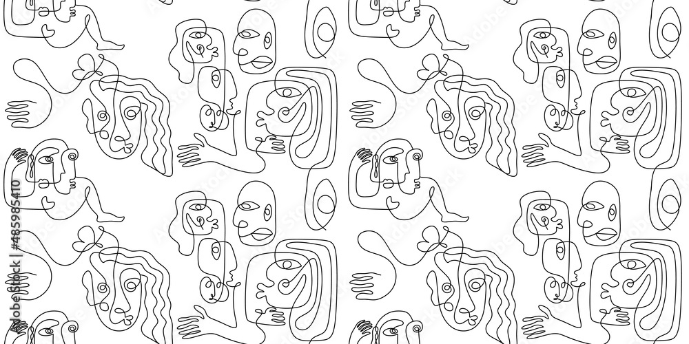 Abstract ugly face line art seamless pattern. One line drawing with contour hand drawn vector illustration, ready for print and textile wrapping. Black and white colors.