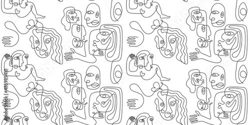 Abstract ugly face line art seamless pattern. One line drawing with contour hand drawn vector illustration, ready for print and textile wrapping. Black and white colors.