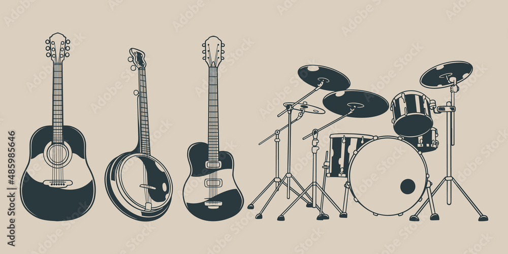 Seamless pattern with hand drawn stylish doodle musical instruments. Collection of types of classical musical instruments. Drum. Guitar. Vector illustration.