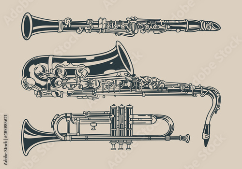 Seamless pattern with hand drawn doodle classical Musical Instrument. A collection of classical musical instruments that are blown. Vector illustration.